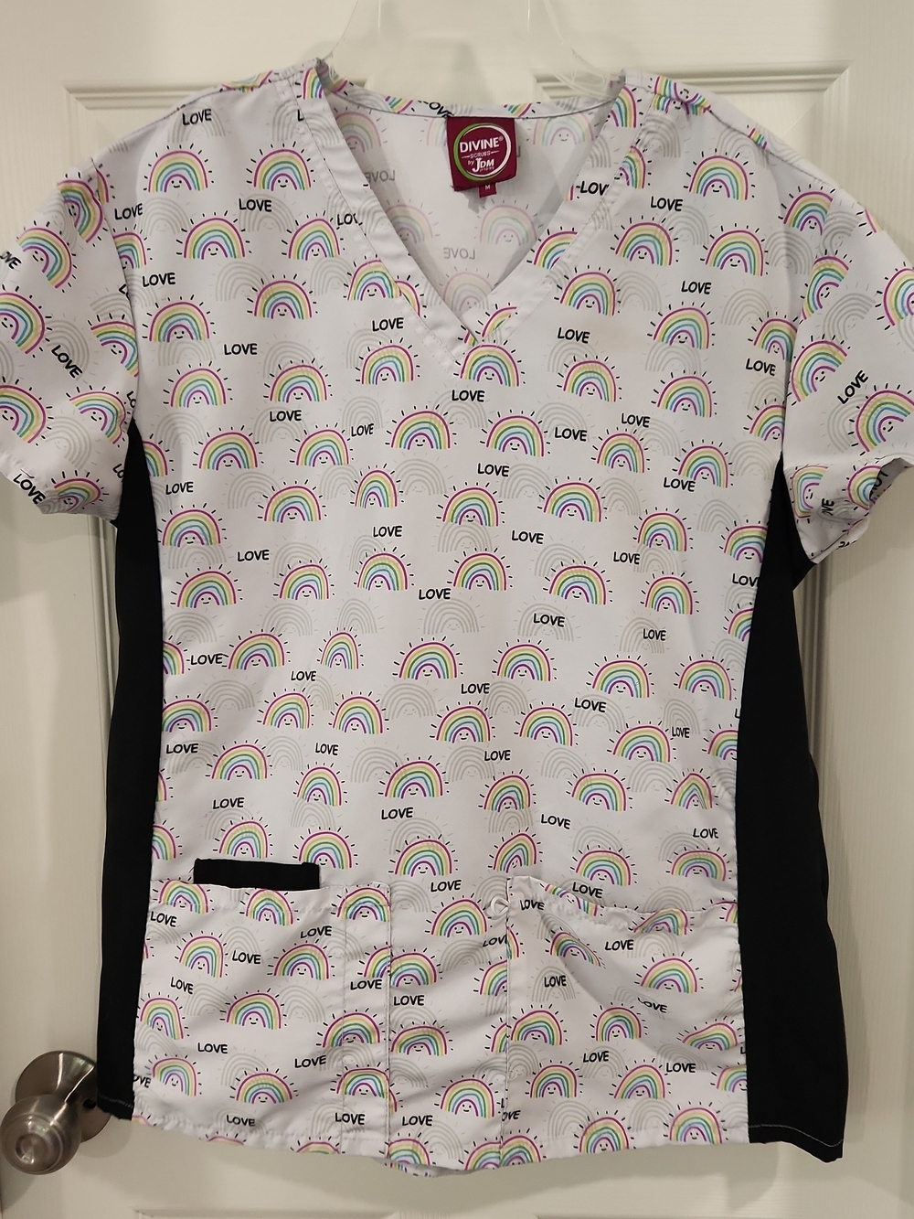 Divine Scrubs By JDM Rainbow Love Print Medical Top Knit Contrast Panel Size M